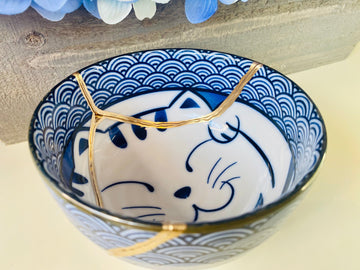 Kintsugi Blue Wave Cat Bowl